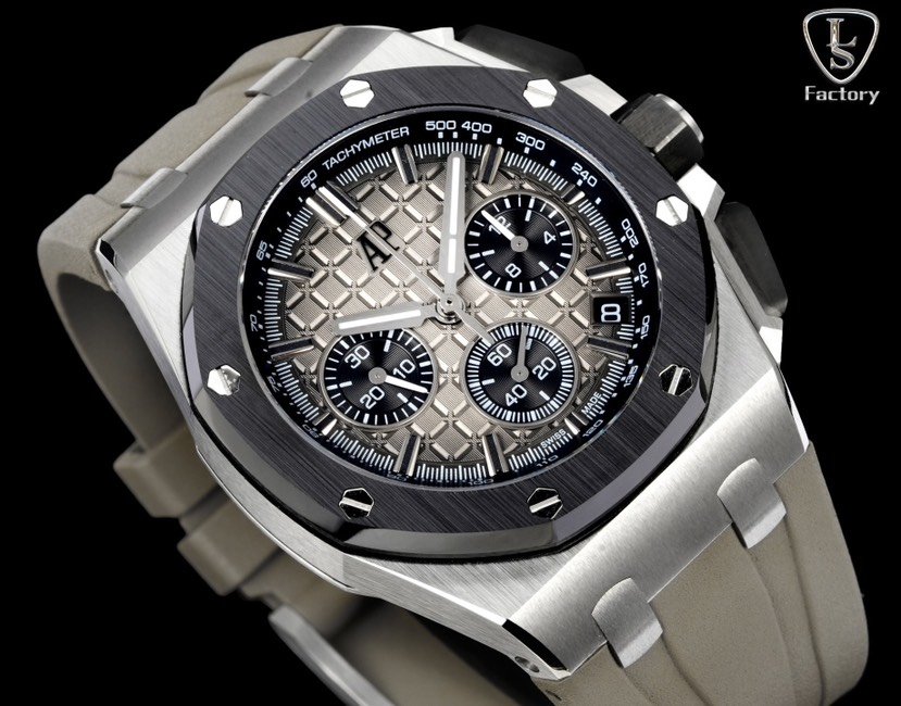 LS .Factory Audemars Piguet
Royal Oak Offshore 26420 New Upgraded Version
1. The newly molded 43mm case (the market version is 44mm, which is the case of the old 26400) adopts a new design, a more ergonomic case, and more exquisite case details. It has larger polished chamfers, and the size is 43MM~15.6MM. The 43mm wide case has been carefully modified to accommodate the new movement with a slightly larger diameter.
2. Calendar upgrade. After the transformation of the movement, the original large calendar was realized. The date window was pushed to the edge of the dial, and the hands were slightly modified.
3. The movement adopts Dandong 7750 (6 small seconds) changed to Caliber4401 (large splint) for better appearance and more stable quality.
4. The watch case is made of Japanese 316 stainless steel, which shows that the steel case is more bright and bright (not ordinary 306 steel for market use)
5. The ring is made of Korean imported ceramics (black, blue, green, ceramic ring) and the mirror is made of sapphire glass.
6. The strap is made of imported fluorine rubber tape, which is more comfortable to wear and feels better. The strap is made of first-layer cowhide, and the cloth strap is made of leather wrapping cloth, which is not pressed by leather.
7. The dial is upgraded. The dial pattern is slow-cut by CNC (not hydraulic). The finished pattern is clear. The iconic squares are now connected to each other through crosses. - Image 3